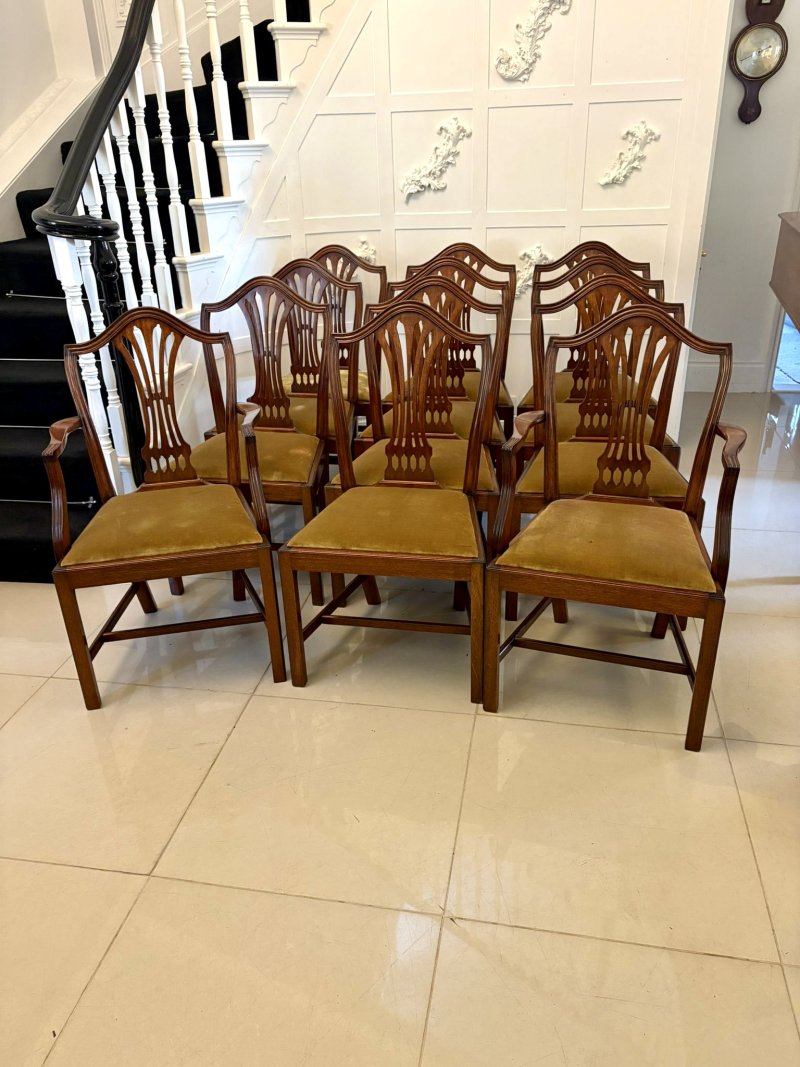 Quality Set of 12 Antique Mahogany Hepplewhite Style Dining Chairs